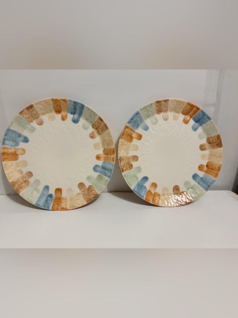 Ashland Ceramic Dinner Plates with Blue, Green & Tan Brushstroke Rim - Set of 2